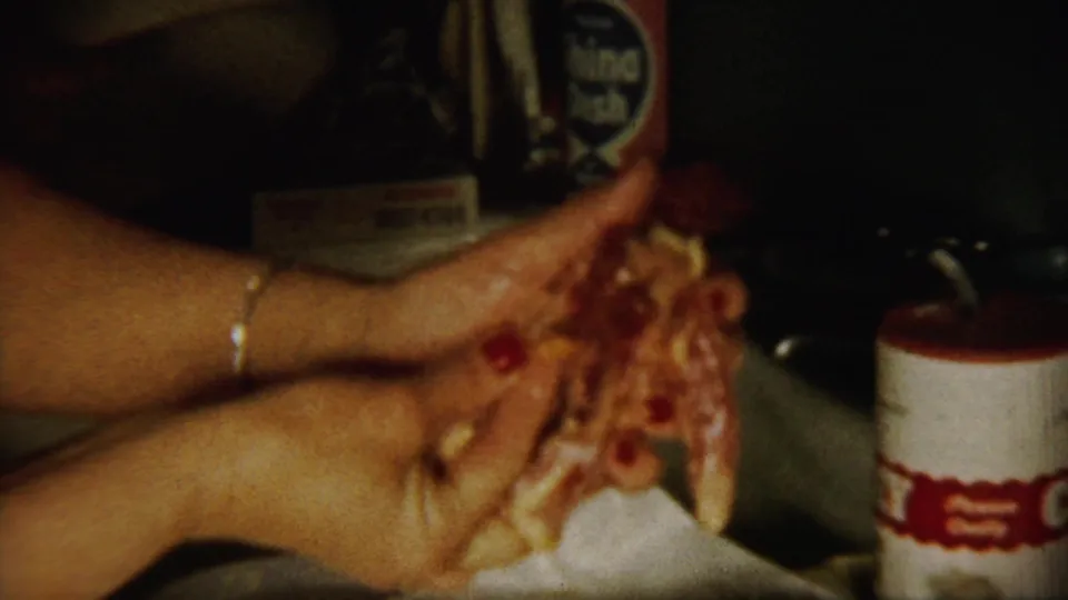 1958 Saint Francis, Kansas home-movie frame showing stained hands near a kitchen counter with containers in the background.