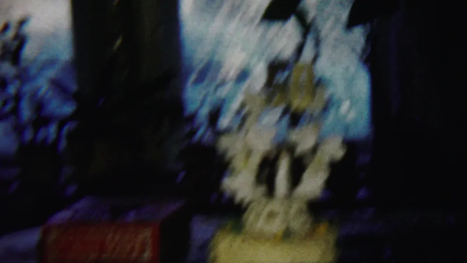 Blurred end frame of the decorated cake in the 1958 Saint Francis, Kansas home movie, with the table display fading into darkness.