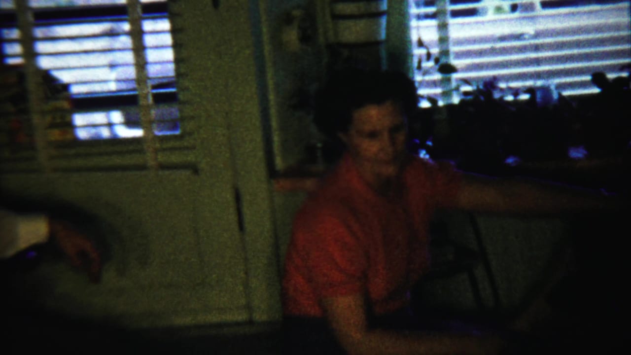 Woman in a red blouse sits in a dim room near window blinds.