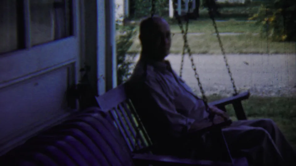 The final frame holds the 1959 Chadron porch view with the seated man silhouetted on the swing and a residential yard beyond.