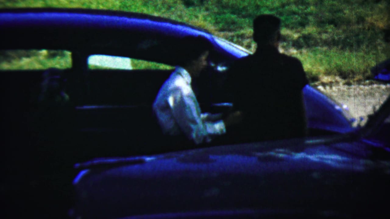 A person in a light shirt stands by the open side of a blue car.