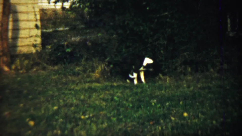The dog pauses low to the lawn, partly turned away, in a shaded Chadron backyard scene from 1959.