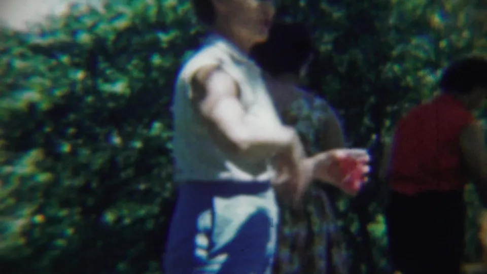 The 8mm frame shows a woman with a red cup near other adult attendees, filmed in soft sunlight among thick green plants.