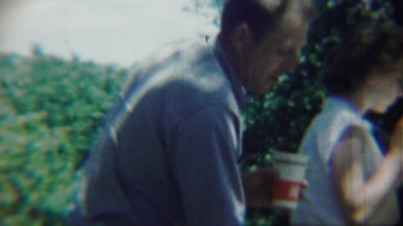 Man and woman outdoors near trees, with the man holding a cup and the woman holding food.