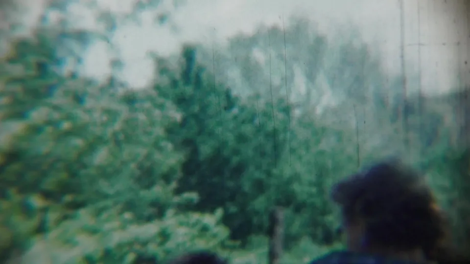 A soft 8mm frame from the Chadron reunion shows garden shrubs and the partial head of a person at the lower edge.