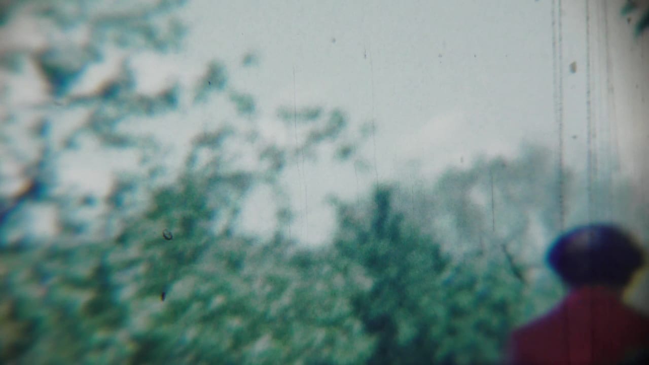 In 1959 Chadron, Nebraska home-movie footage, an adult woman in red walks away through a soft, leafy wooded area.
