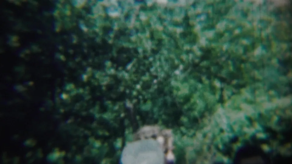 The woman in red is seen from behind among dense trees, with soft 8mm exposure and a pale shape near the right edge.