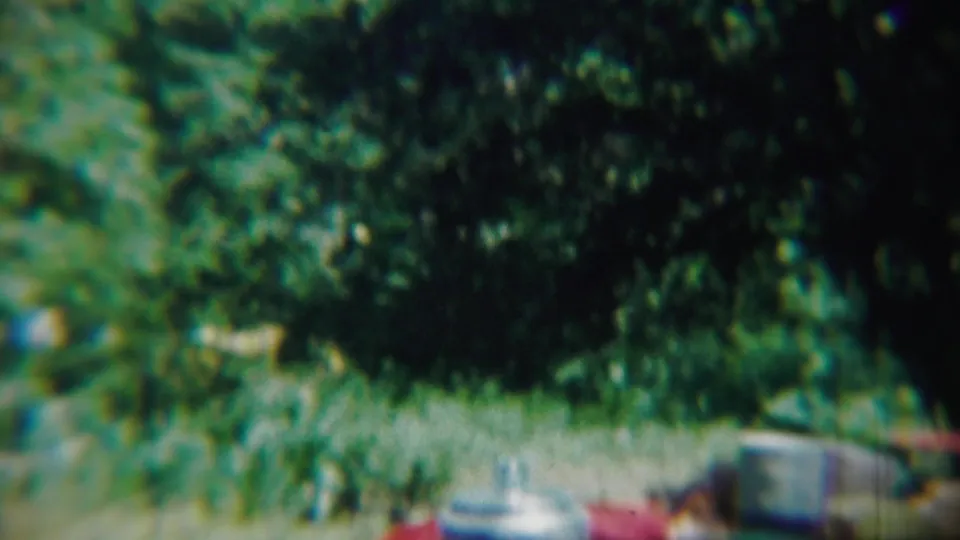 Soft 8mm frame from Chadron showing dense greenery, a light-colored cylindrical object, and part of a person or red shirt at the edge.