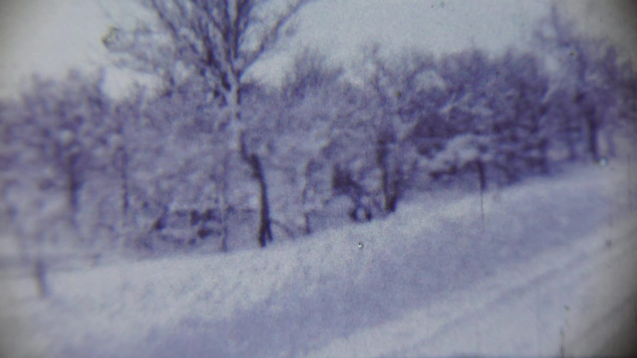 1959 Chadron, Nebraska home-movie frame showing snow-covered trees and a faint roadside or path in a winter landscape.