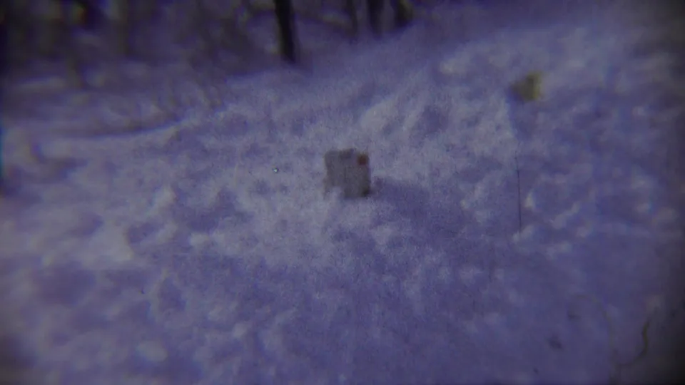 A soft 8mm frame from Chadron, Nebraska shows snow-covered ground, faint tracks, snowbanks, and bare winter trees.