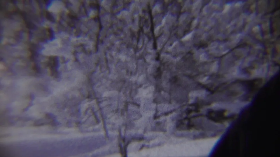 Winter road or path near Chadron, Nebraska, bordered by leafless trees and snow, with visible 8mm scan artifacts.