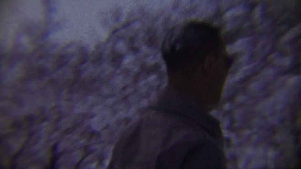An adult in a light jacket is seen from behind on the snowy rural road, with another dark-coated figure farther ahead.