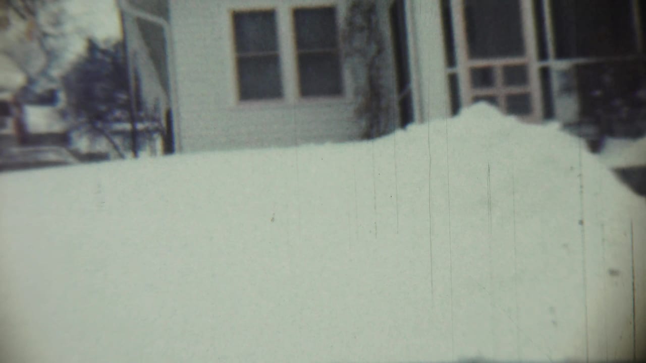 House windows, porch, shrubs, and high snowbank across the foreground.