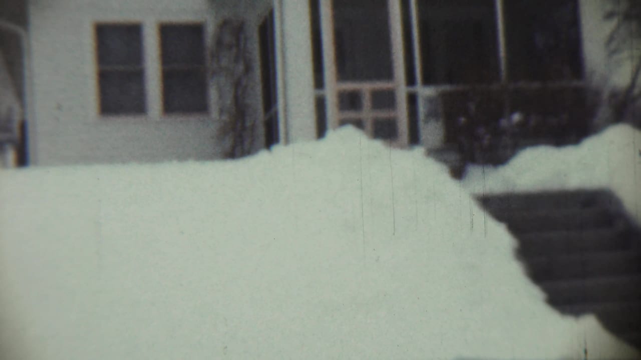 Snowbanks cover a front yard with dark steps leading toward a house entrance.