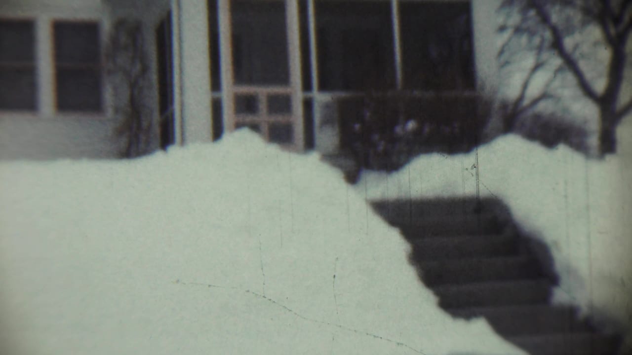 Snow drifts rise along steps in front of a house with windows and shrubs.