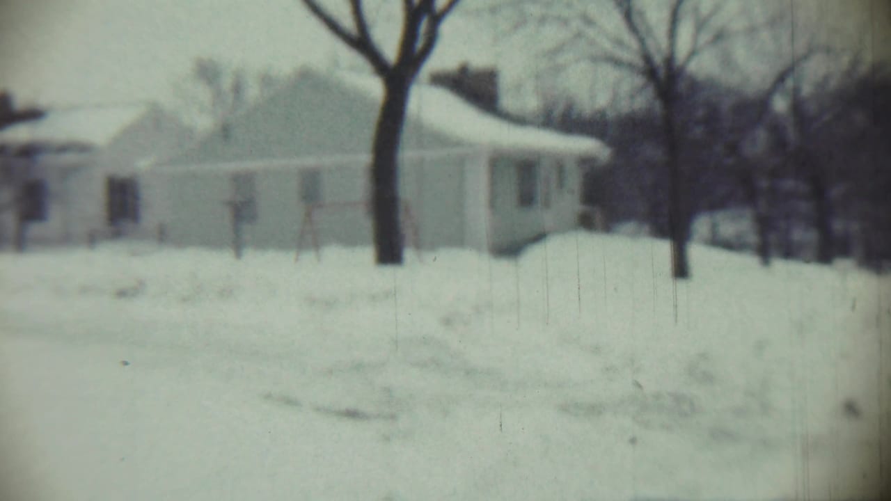 Snowy house exterior with trees and a swing set in the yard.