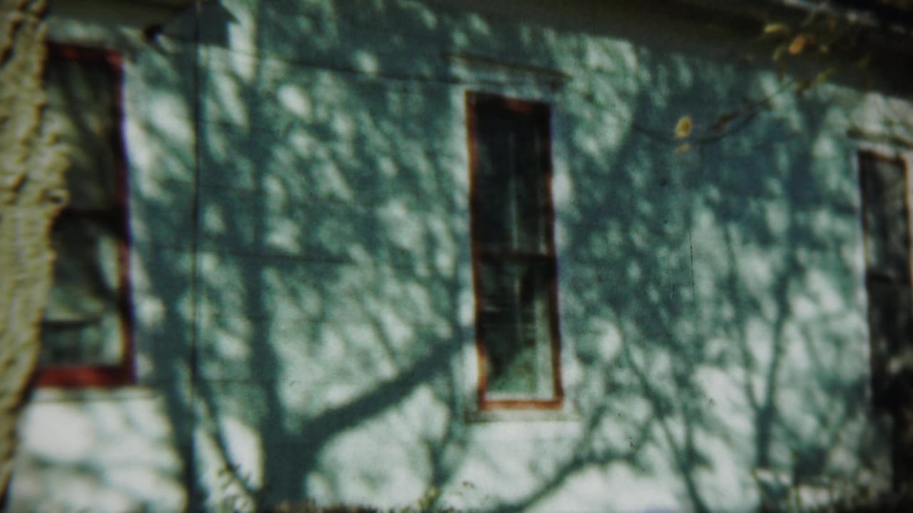 Weathered house wall with red-trimmed windows and bare tree shadows.