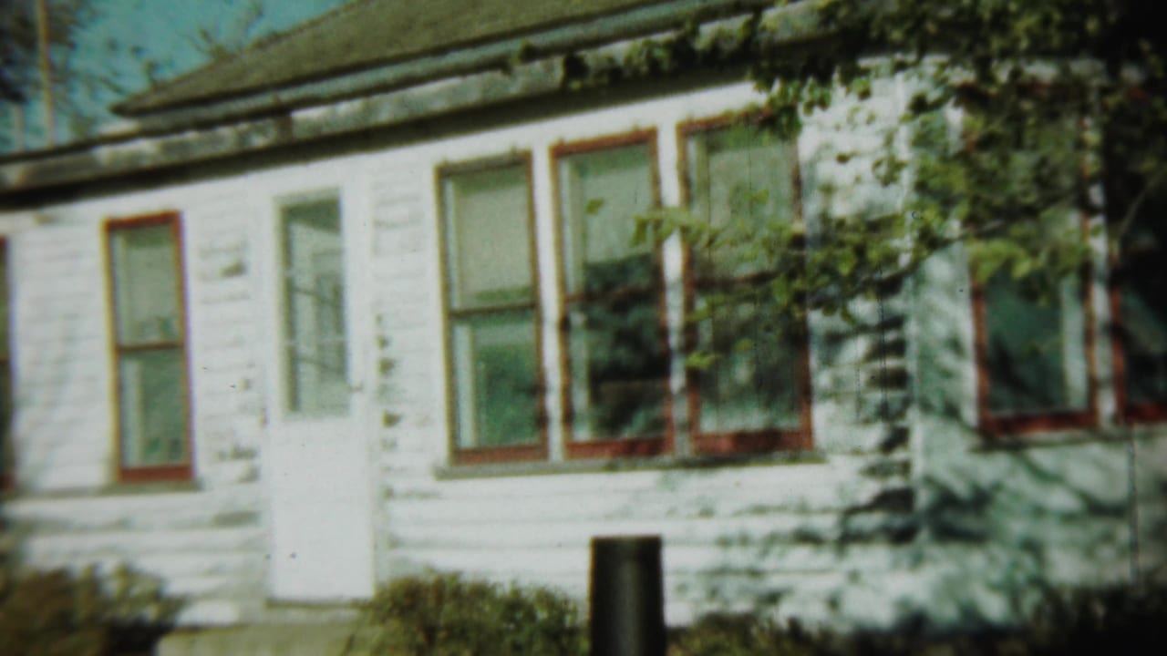 House facade with red window trim, white siding, leafy branches, and a dark object near the lower frame.