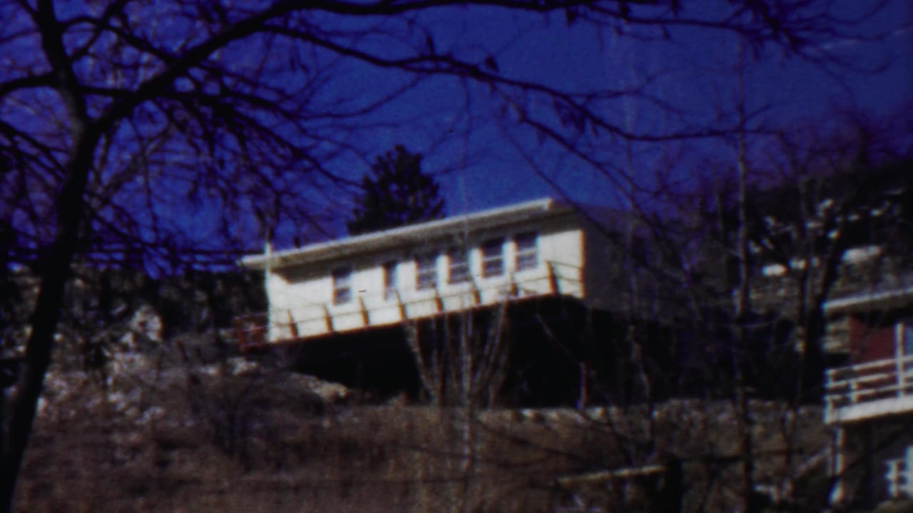 Elevated white house and nearby hillside structures seen through bare trees.