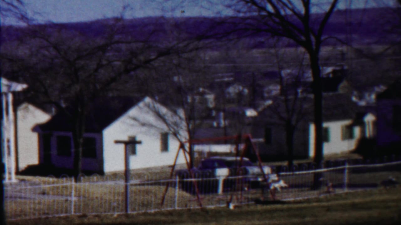 White houses and fenced yards with bare trees, a red swing set, and a parked car in sunlight.
