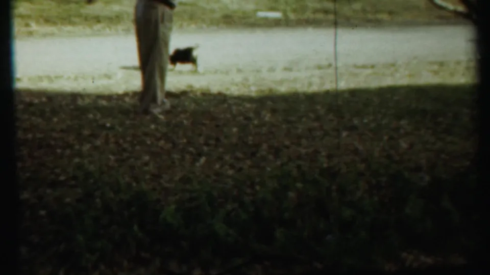 In Saint Francis, Kansas home-movie footage from 1959, a small dark dog stands on a gravel path while an adult's legs are partly visible.