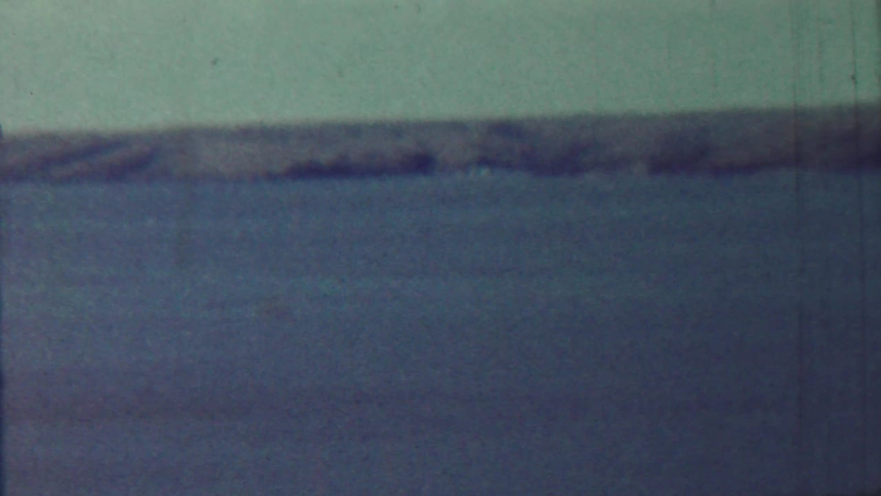 Calm blue water below a pale sky with a low distant shoreline.