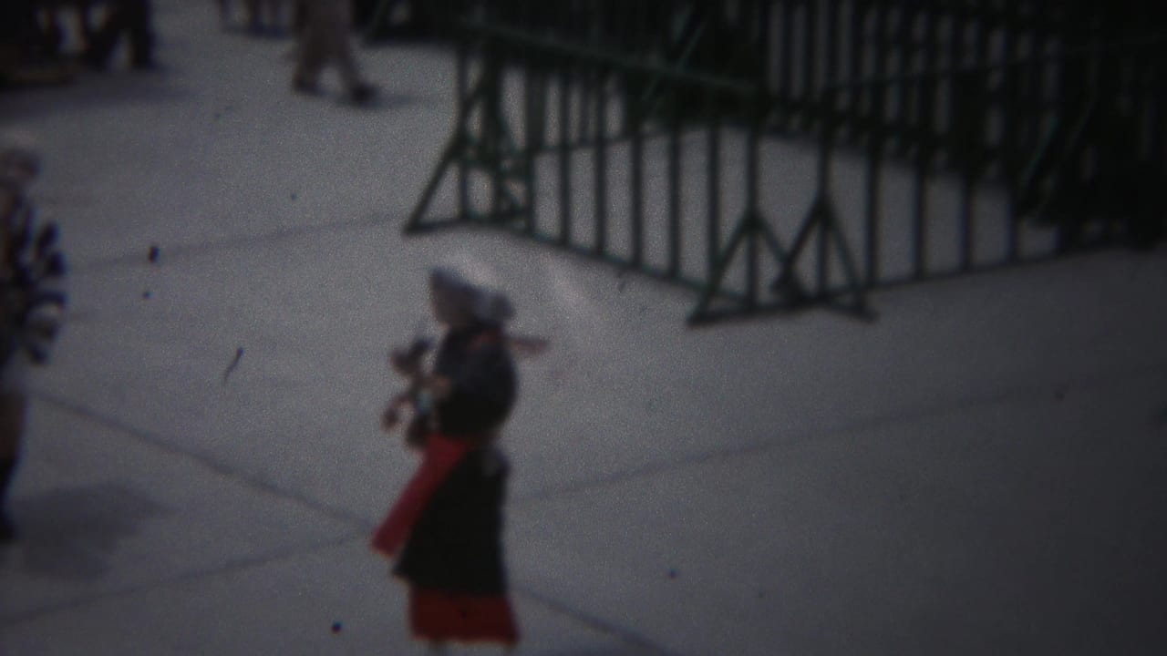A performer in a red-and-black robe stands near green barricades with an instrument.