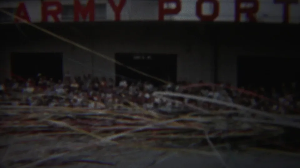 1954 Yokohama Army Port scene with a crowd gathered below large signage and tangled red, white, and blue streamers.