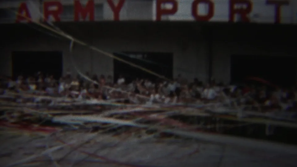 Yokohama port crowd appears along balconies and railings beneath large ARMY PORT lettering in 1954 footage.