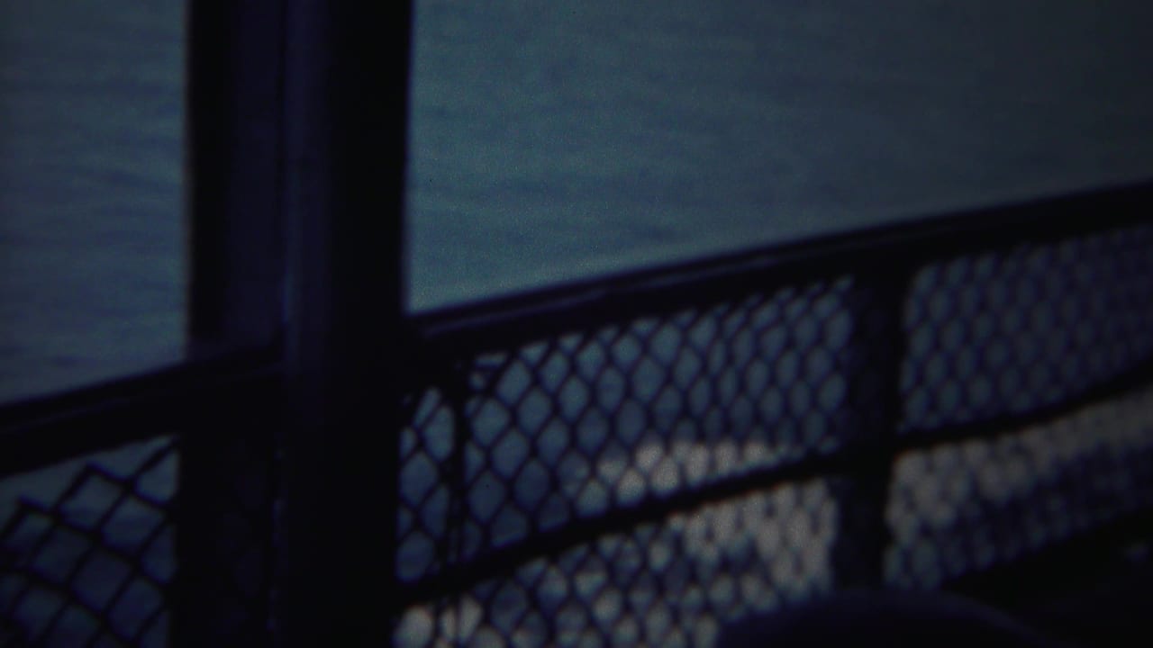 A dark vertical post and chain-link railing appear in the foreground of a 1954 Yokohama sea view.
