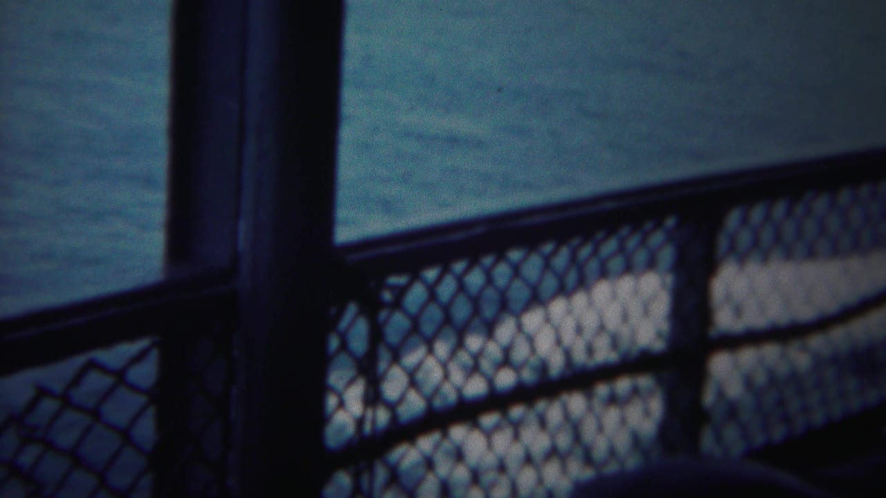1954 8mm shipboard view near Yokohama, with dark railing posts and chain-link fencing in front of open sea.