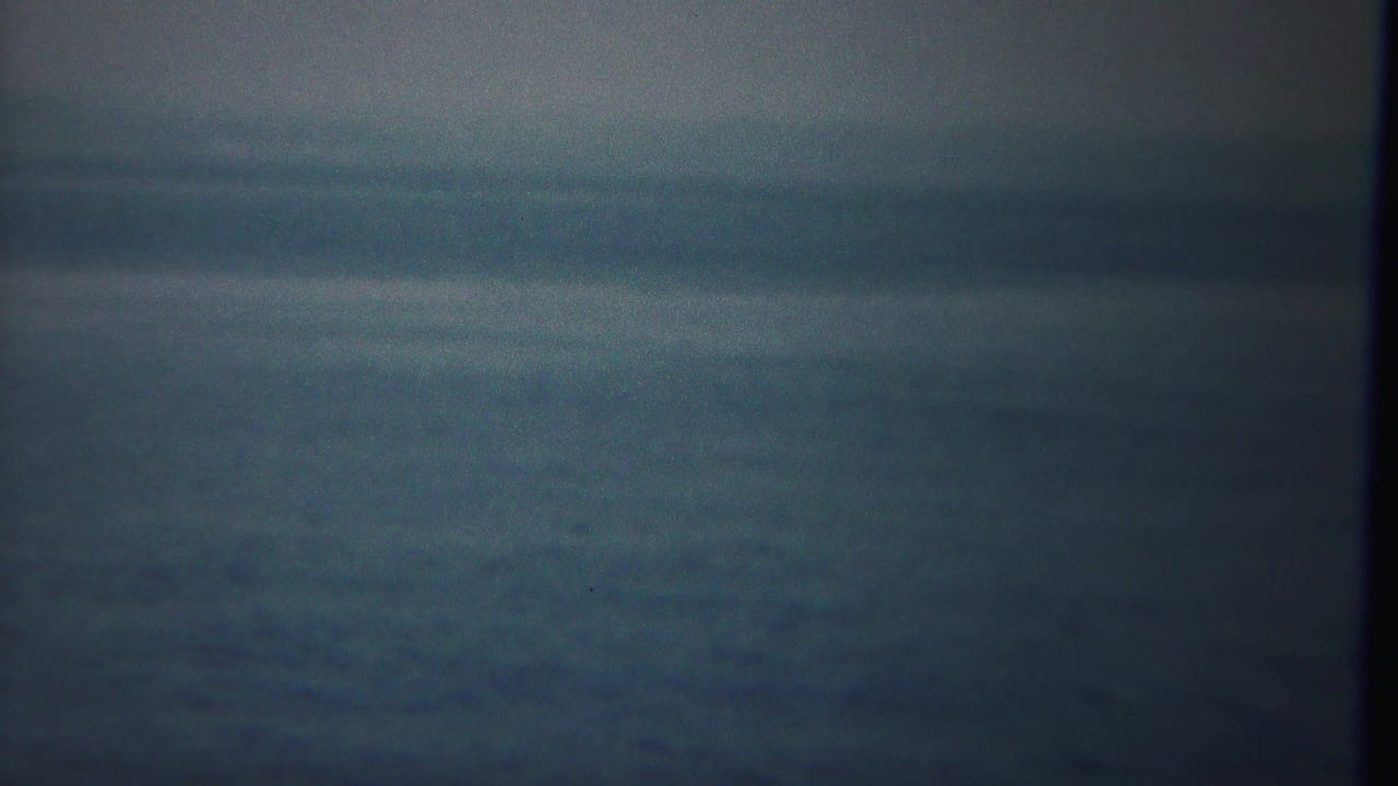 Dark blue-gray sea and hazy horizon under a muted sky.