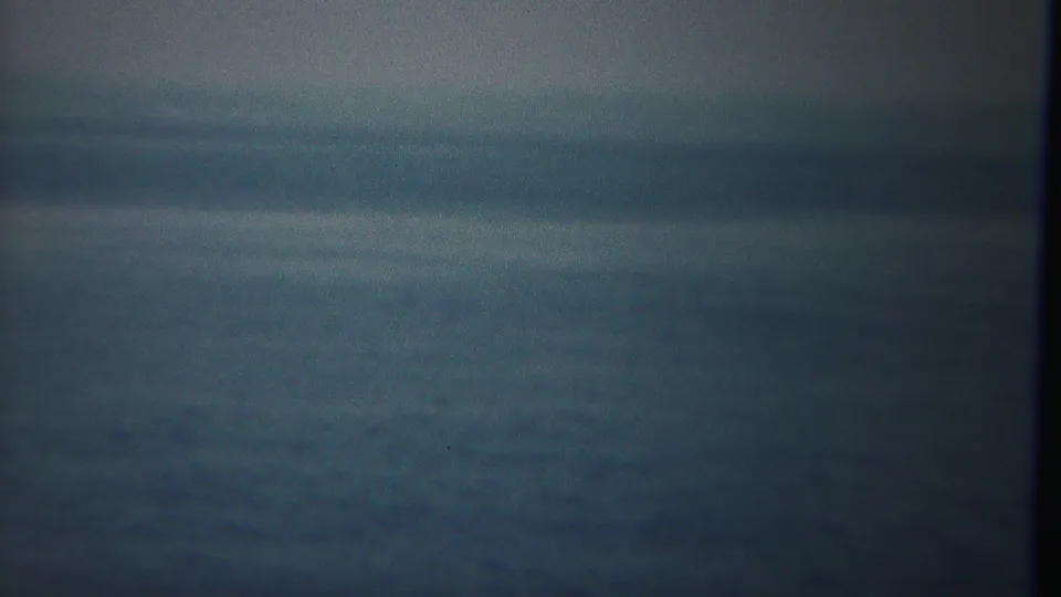 1954 Yokohama home-movie frame showing calm open water and a soft, hazy horizon with no people visible.