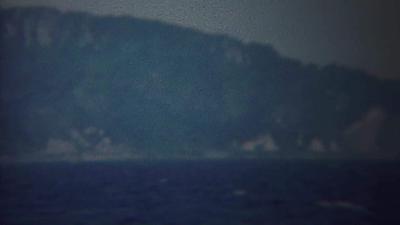 A hazy Yokohama coastal view shows dark water, distant mountains, and a small bird-like speck in soft 8mm footage.