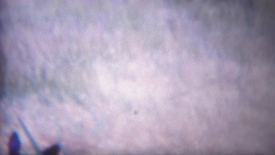 Blurry Yellowstone-labeled 8mm frame with an overexposed white field, purple-blue cast, and indistinct lower-edge shapes that may be snow or sky.