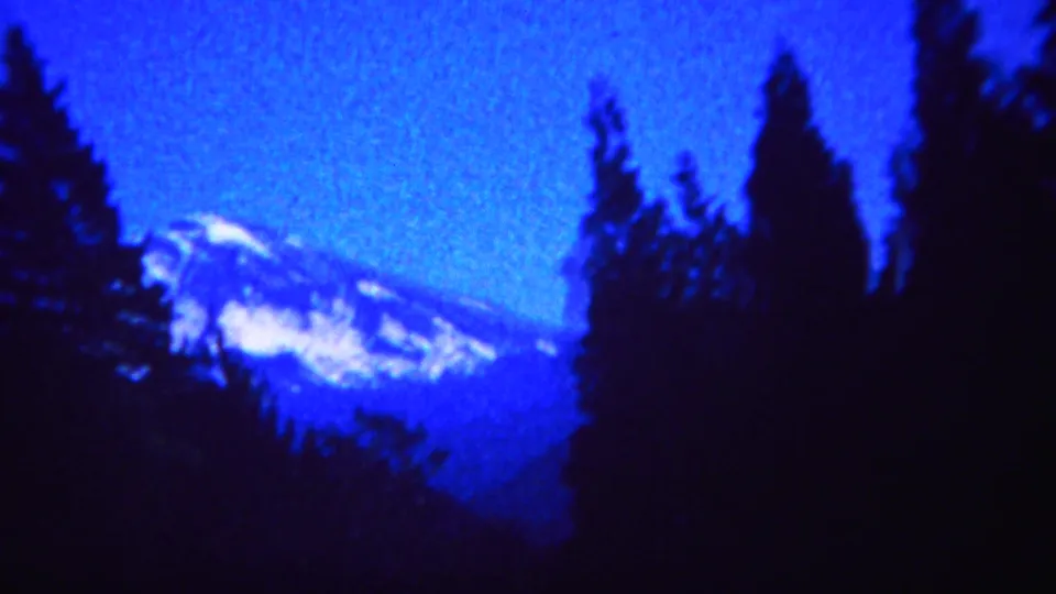 Distant snow-capped mountain seen through dark forest silhouettes in 1967 Yellowstone-area 8mm travel footage.