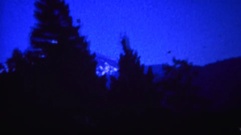 Blue-tinted 1967 Yellowstone frame showing conifers, a dark ridge, and a snowy peak partly hidden by trees.