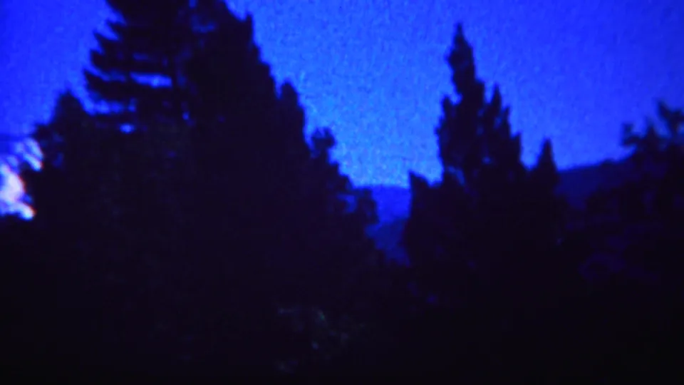 1967 Yellowstone 8mm frame with a shadowed forest foreground, blue ridgelines, and a partial snow-capped mountain.