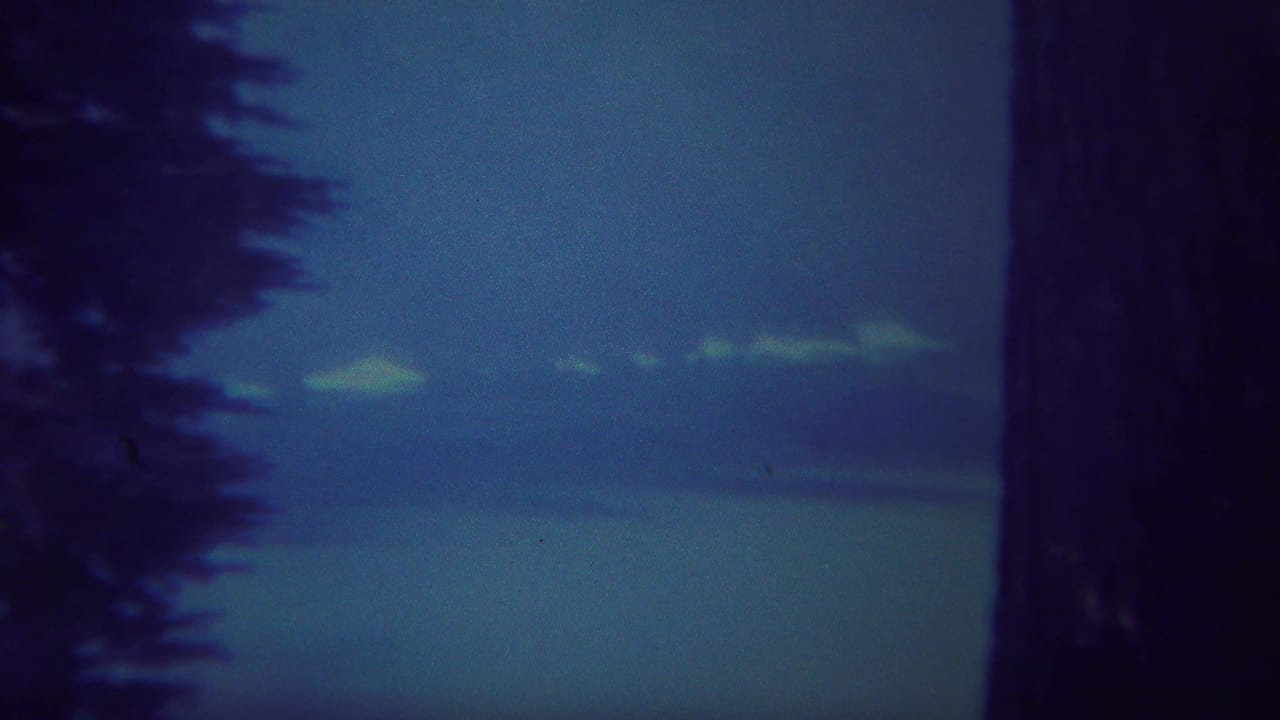 Misty lake and distant mountains seen through dark evergreen trees.