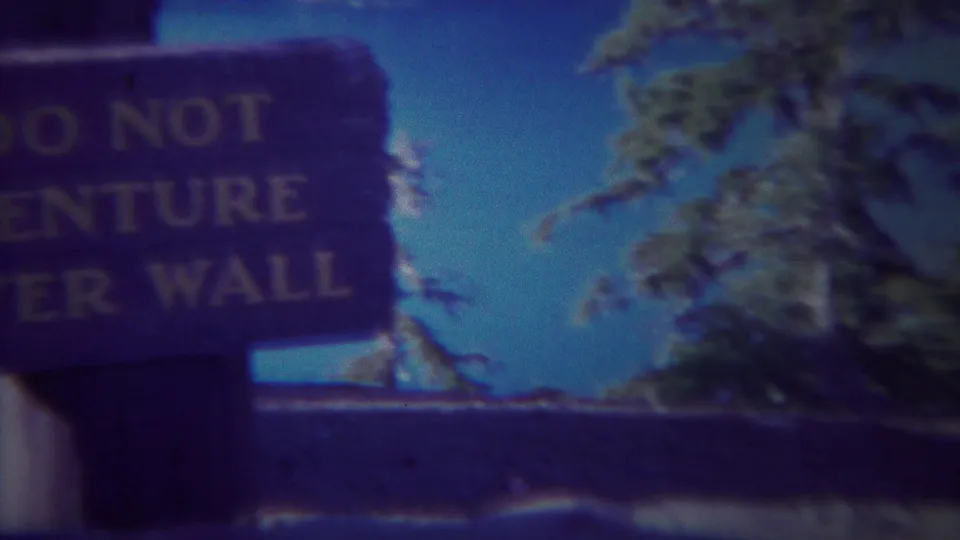 Cropped 1967 Yellowstone home-movie frame with the warning sign partly out of view beside trees and an overlook wall.