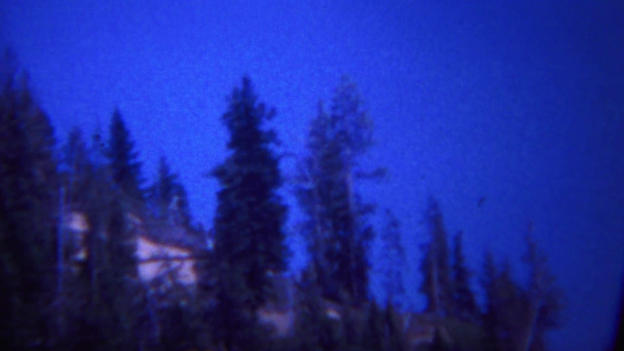1967 Yellowstone 8mm frame showing silhouetted conifers, blue dusk sky, and a small snow-dusted mountain slope.