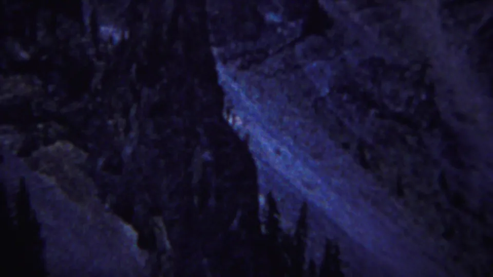 Blue-tinted 8mm frame from Yellowstone showing a dim rock wall and clustered dark tree silhouettes.