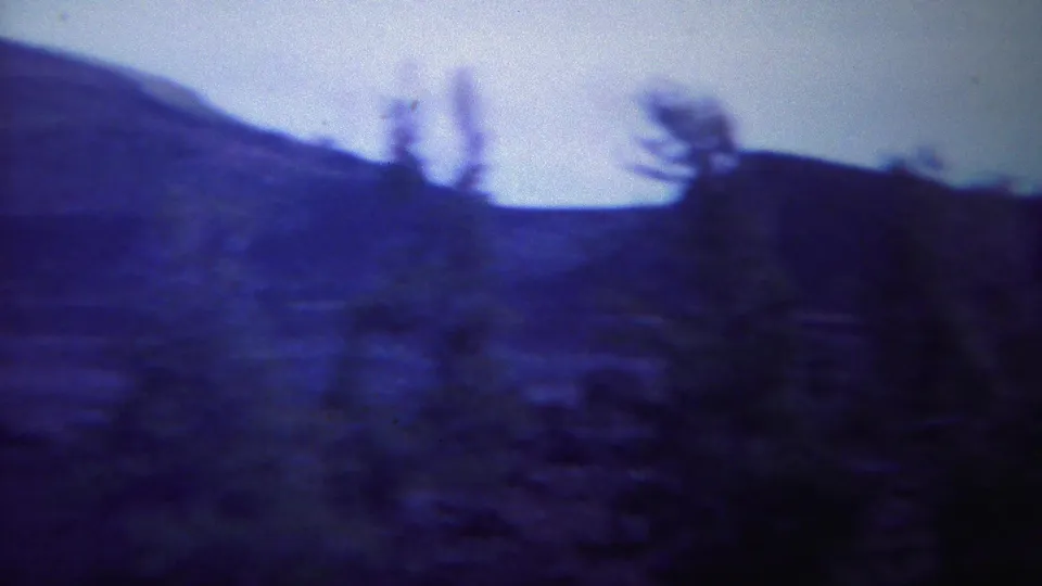 1967 Yellowstone-area landscape frame with silhouetted trees, rolling hills, and a pale sky in soft blue 8mm footage.