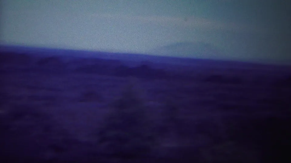 1967 Yellowstone-area frame with a dark evergreen shape in front of a wide, softly focused valley and subdued sky.