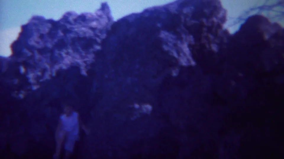 1967 Yellowstone frame showing jagged rock forms in deep shadow, blue-purple film tint, and bare branches at right.
