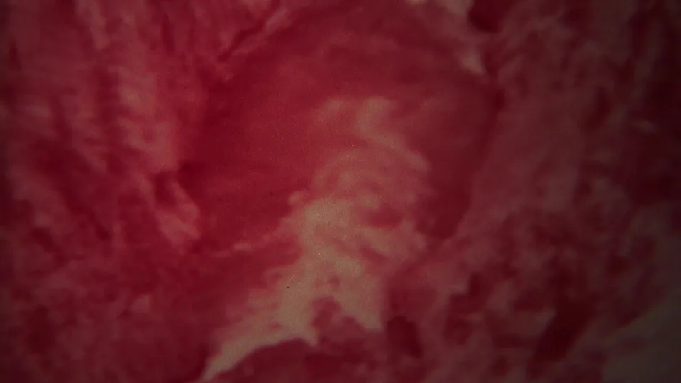 1967 Yellowstone 8mm frame showing red-tinted canyon rock beside a pale river area, with blurred handheld home-movie texture.