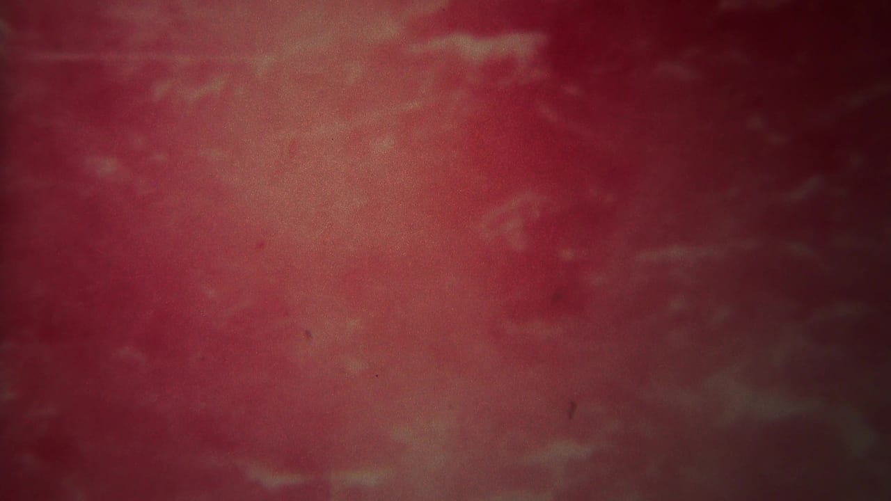 1967 8mm frame with abstract red-pink exposure and grain before the Yellowstone scenery appears.