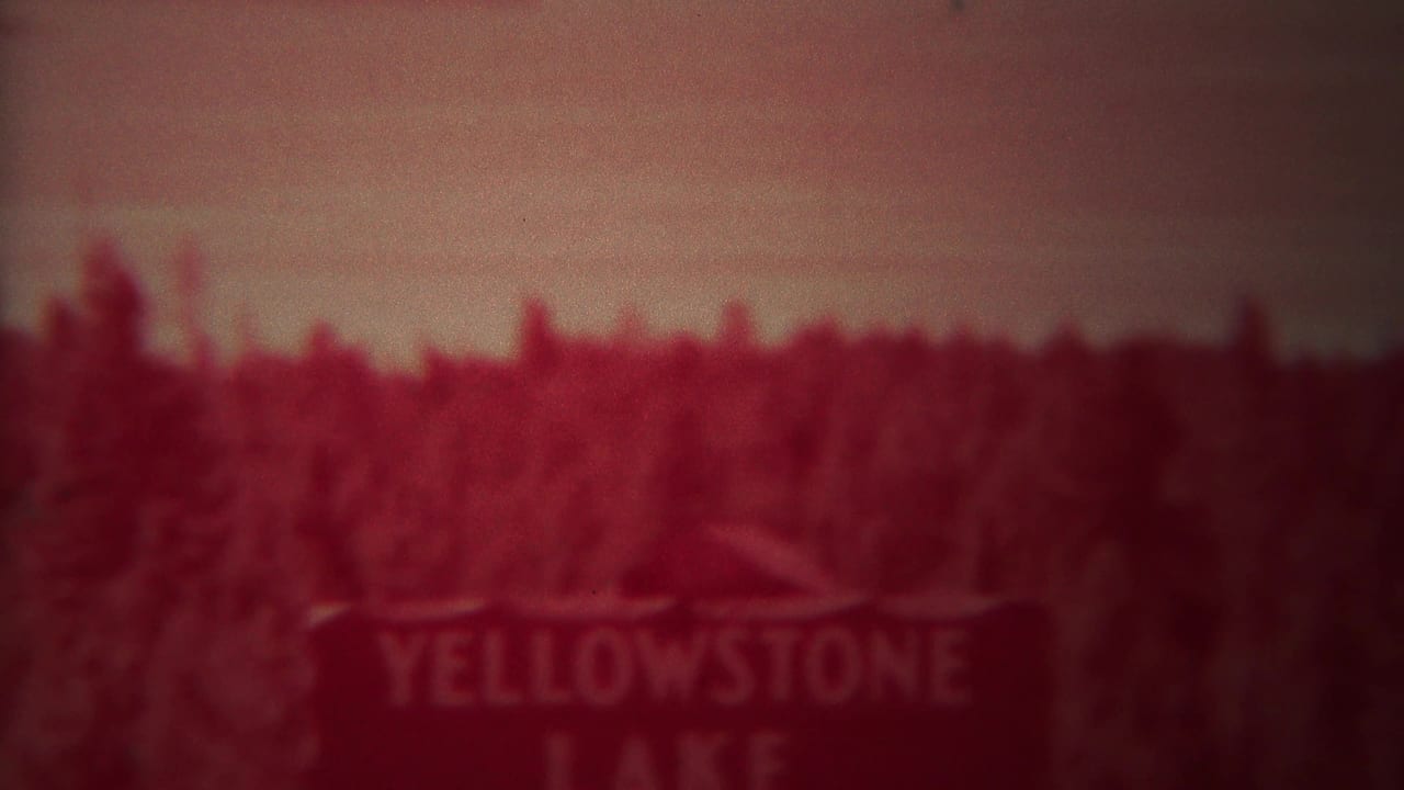 Blurred Yellowstone Lake sign in front of dark conifer trees.