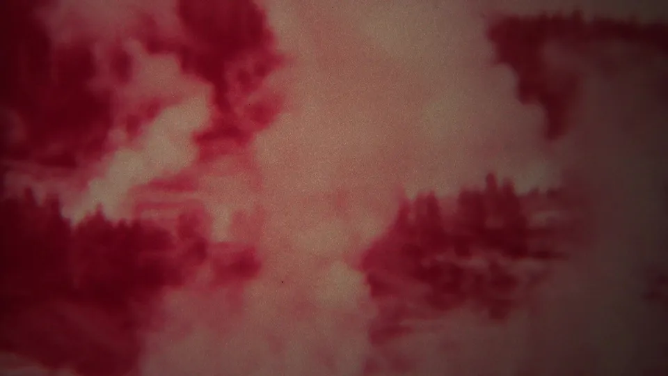 1967 Yellowstone 8mm frame showing a bright fire area, dense smoke, and indistinct trees in a red-tinted forest scene.