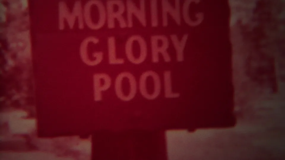 1967 Yellowstone home-movie frame showing a Morning Glory Pool sign, softened by red color shift and film grain.